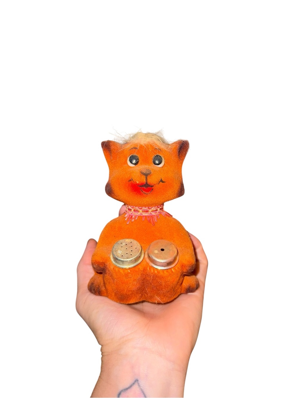 Vintage flocked orange cat with salt and pepper shakers